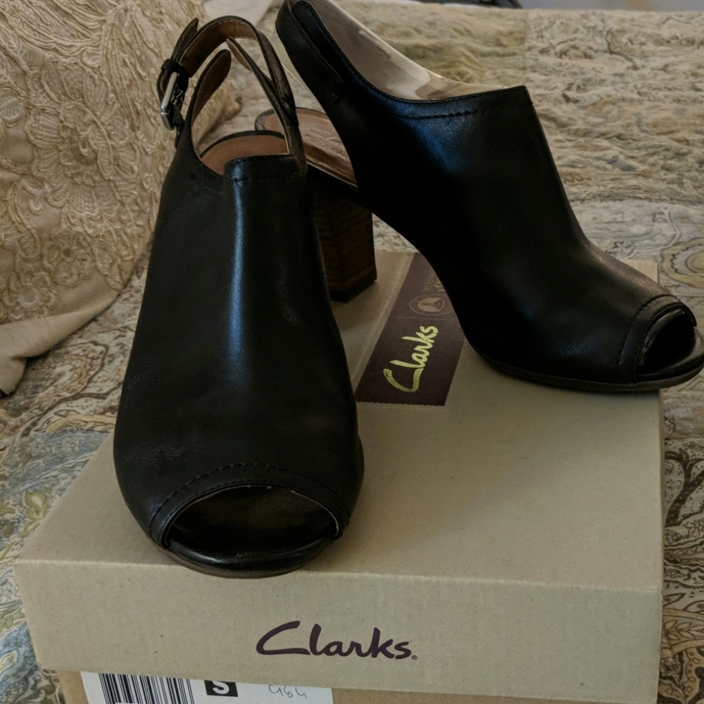 Black leather peep toe slingback stacked heels